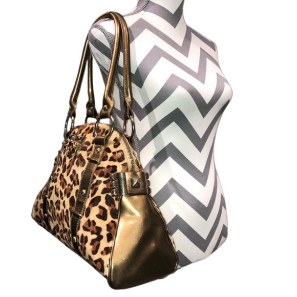 Betsey Johnson Vintage Leopard Print Fur and Metallic Gold Large Shoulder Bag - Picture 2 of 14